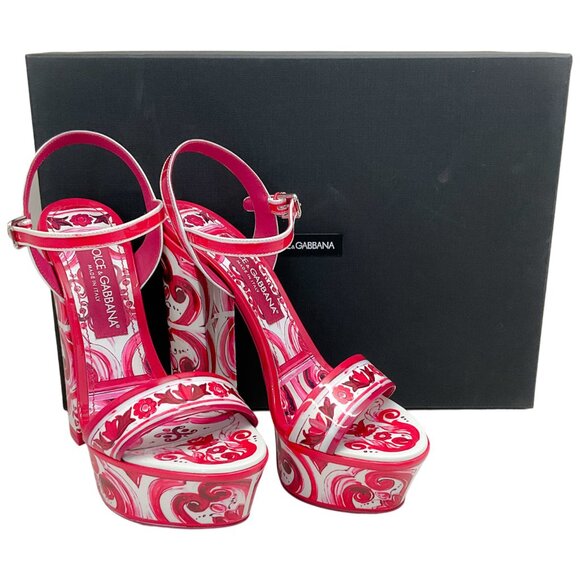 Dolce & Gabbana Fuchsia / White Patent Leather Tile Print Platform Sandals - Picture 6 of 10
